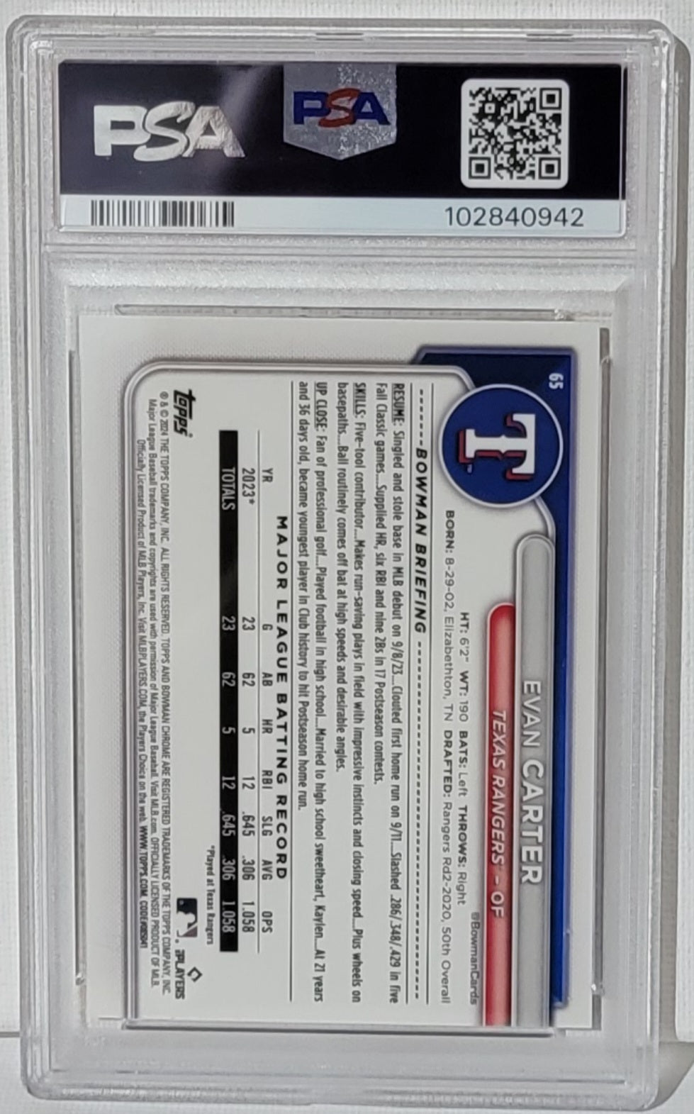 2024 Bowman Chrome Gold Evan Carter PSA 10